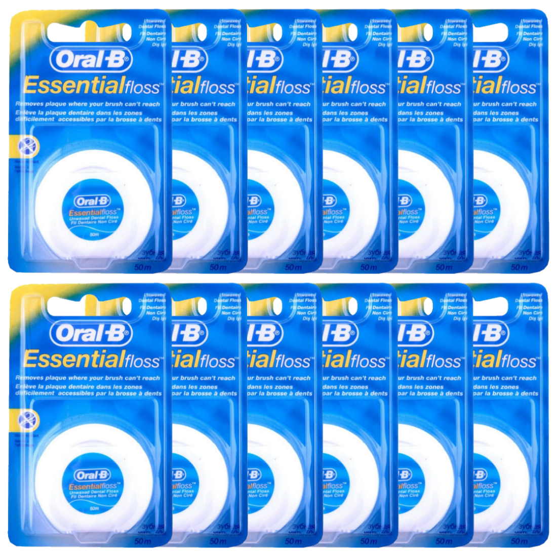 (BUNDLE OF 12) ORAL B ESSENTIAL FLOSS UNWAXED 50M