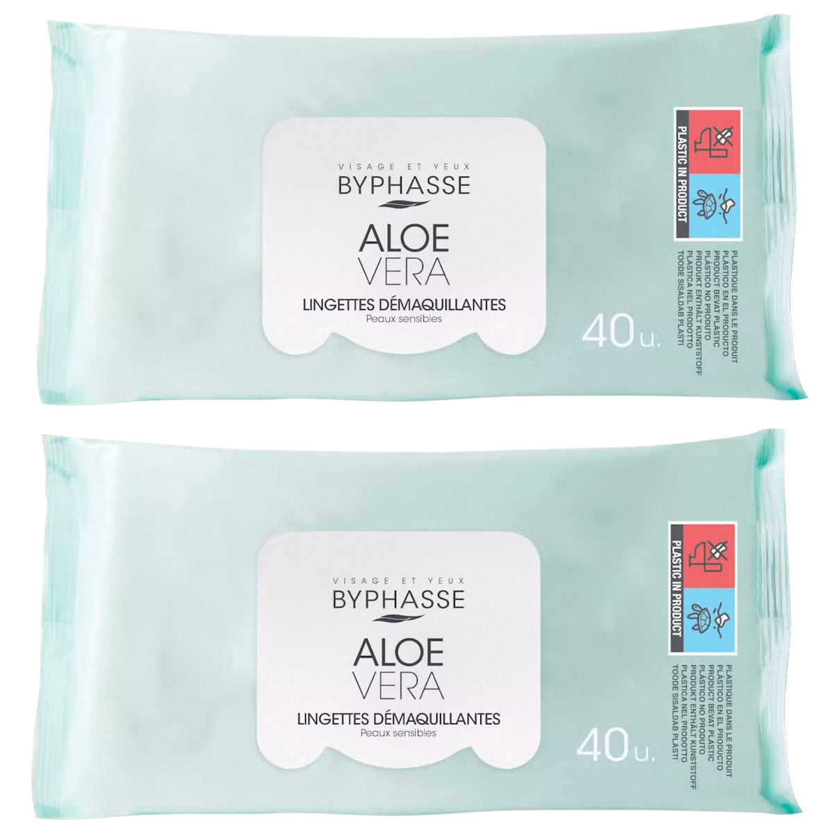 (BUNDLE OF 2) BYPHASSE MAKE UP REMOVER WIPES 40'S ALOE VERA - SENSITIVE SKIN
