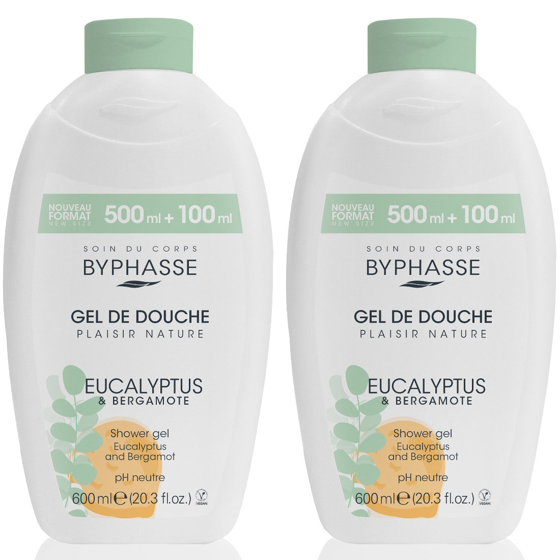 (BUNDLE OF 2) BYPHASSE PLAISIR NATURE SHOWER GEL EUCALYPTUS & BERGAMOT 600ML