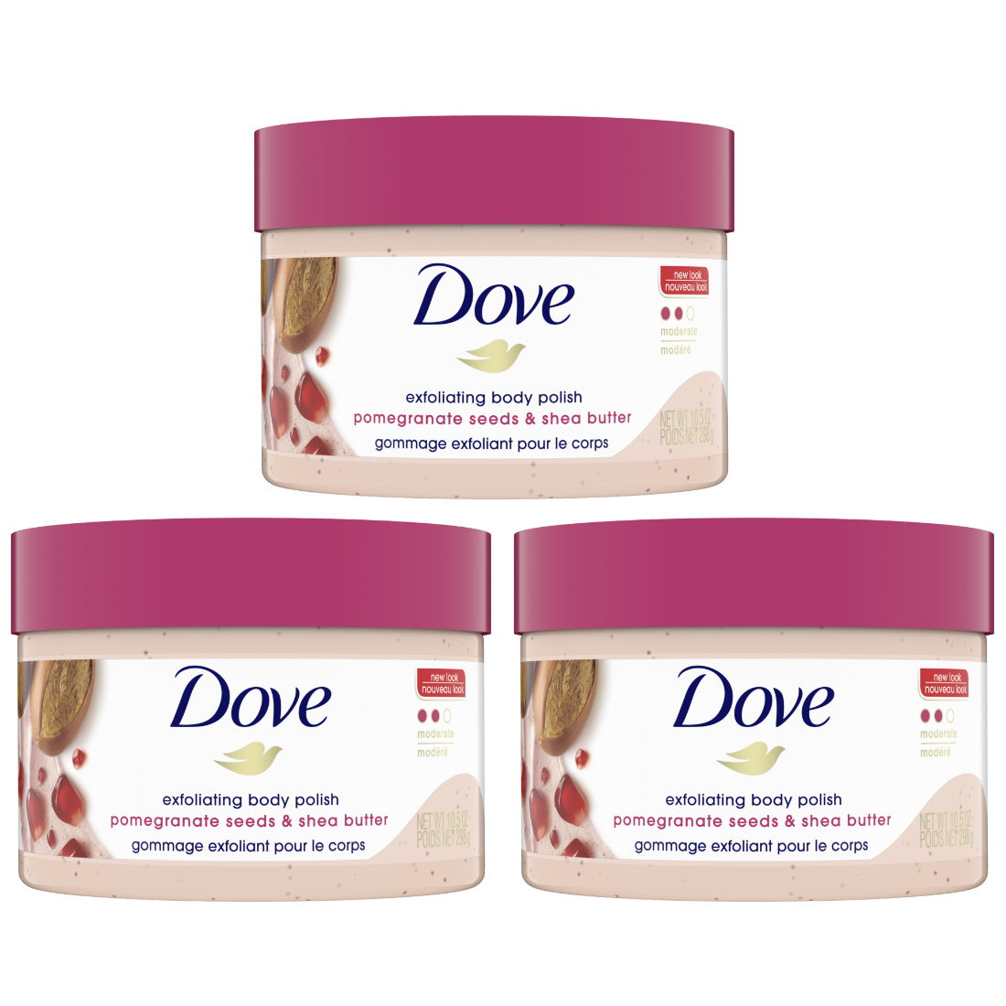 (BUNDLE OF 3) DOVE EXFOLIATING BODY POLISH POMEGRANATE SEEDS & SHEA BUTTER 298G