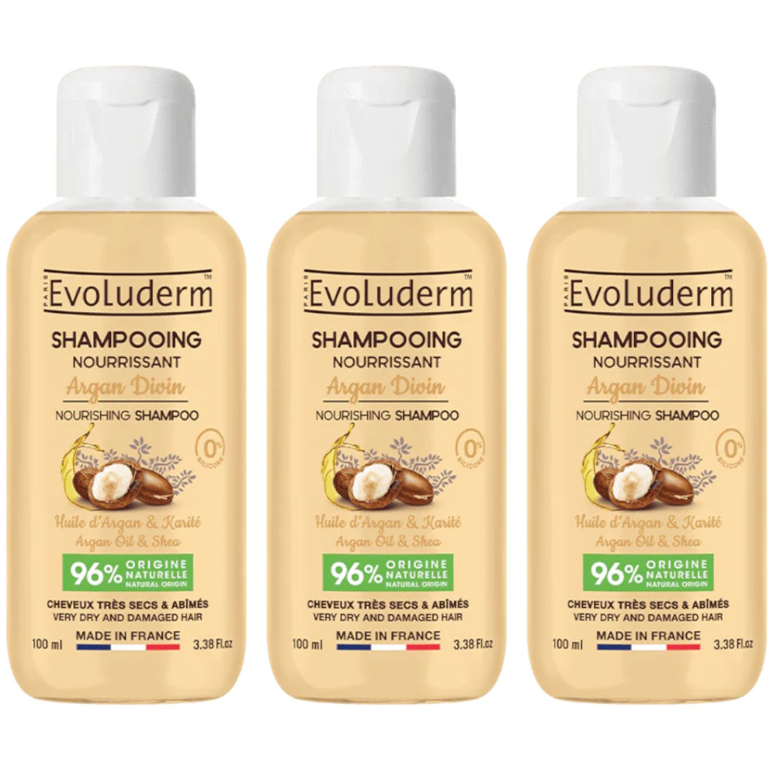 (BUNDLE OF 3) EVOLUDERM ARGAN DIVIN NOURISHING SHAMPOO 100ML
