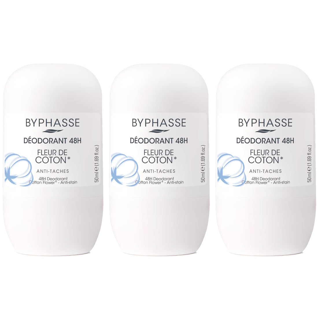 (BUNDLE OF 3) BYPHASSE DEODORANT ROLL ON FLEUR DE COTON 50ML