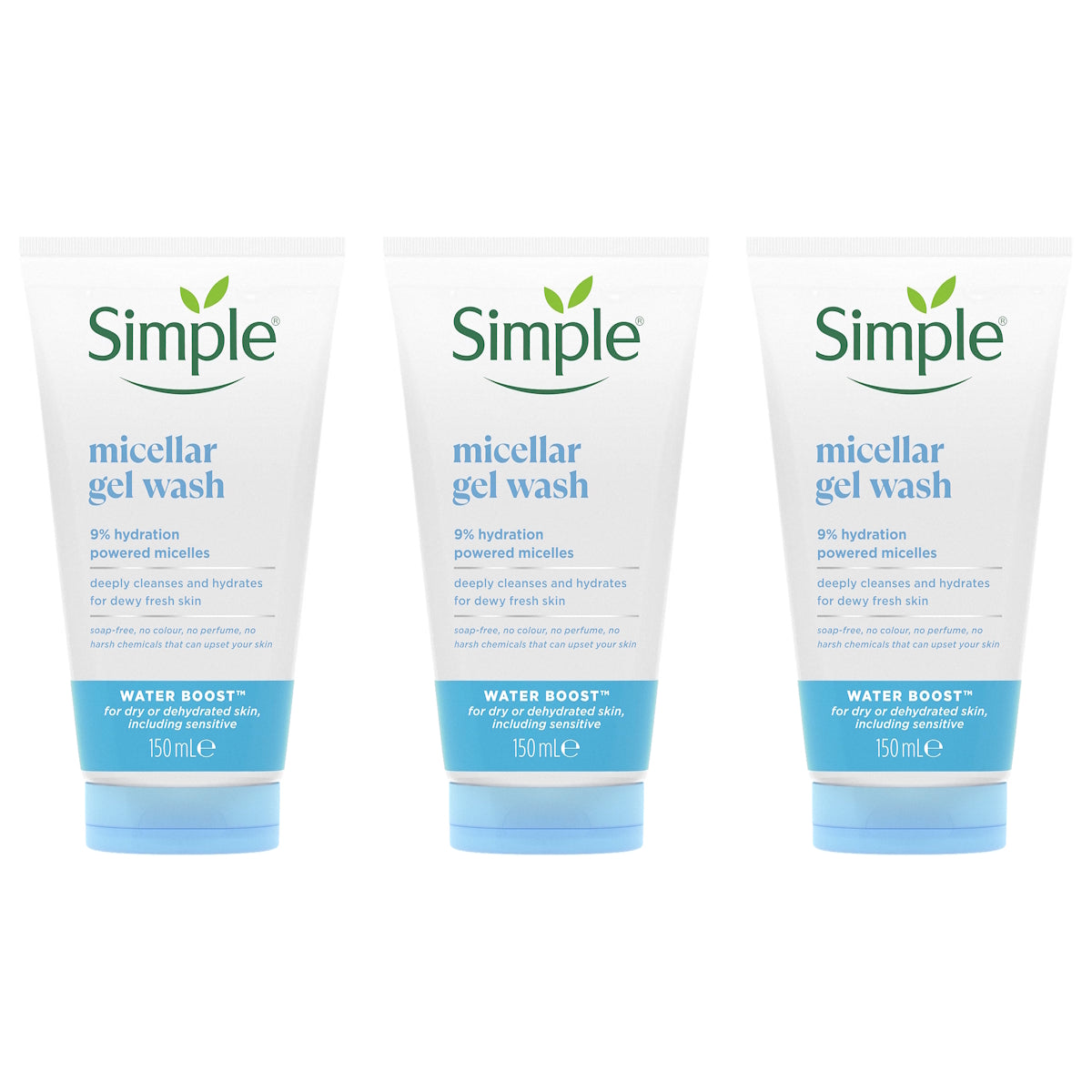 (BUNDLE OF 3) SIMPLE WATER BOOST MICELLAR FACIAL GEL WASH 150ML  (EXP:03/2027)