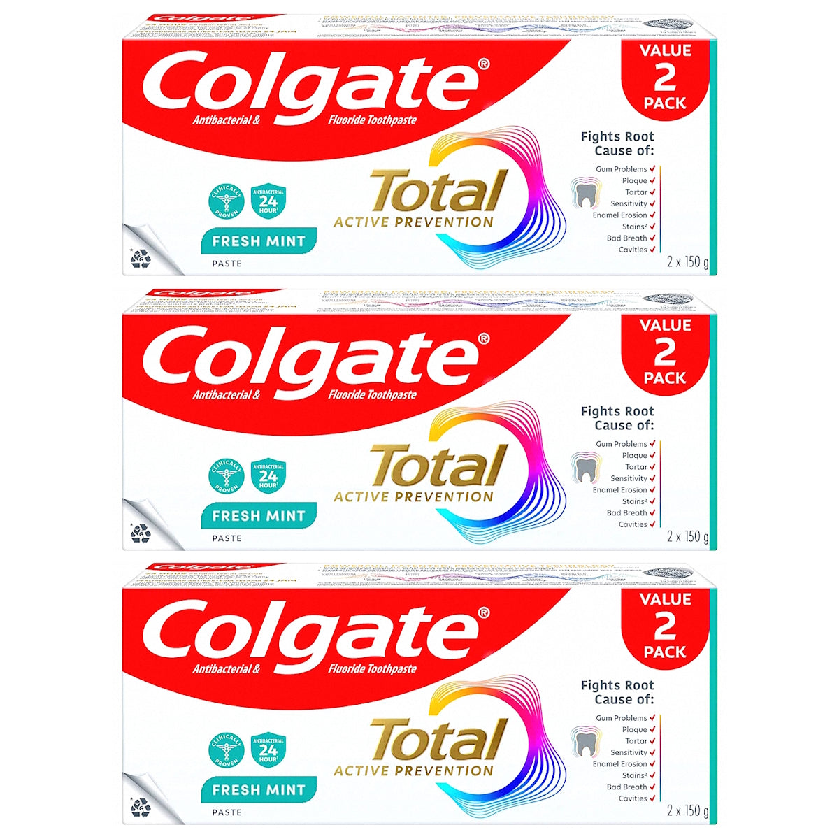 (BUNDLE OF 3) COLGATE TOTAL ACTIVE PREVENTION FRESH MINT TOOTHPASTE 2 X 150G