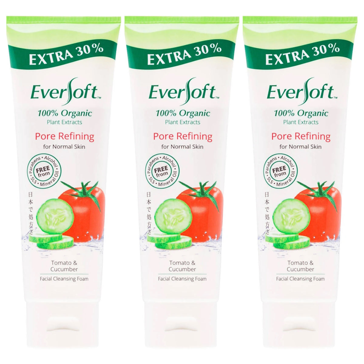 (BUNDLE OF 3) EVERSOFT ORGANIC CLEANSING FOAM TOMATO & CUCUMBER 130G