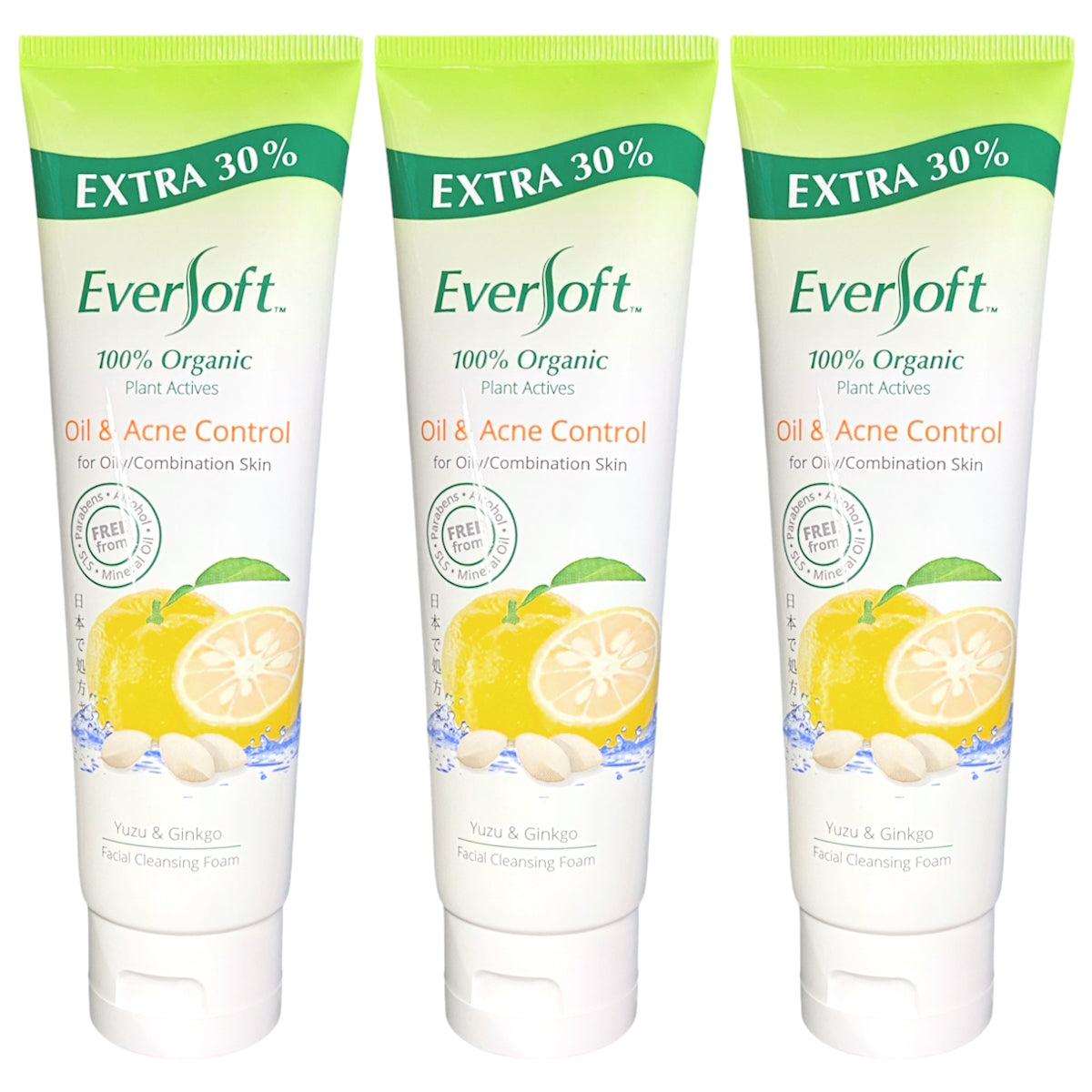 (BUNDLE OF 3) EVERSOFT ORGANIC CLEANSING FOAM YUZU & GINGKO 130G