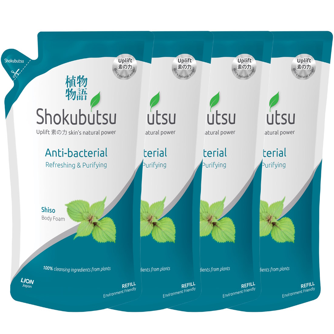 (BUNDLE OF 4)  SHOKUBUTSU ANTI-BACTERIAL BODY FOAM REFILL 600ML REFRESHING & PURIFYING