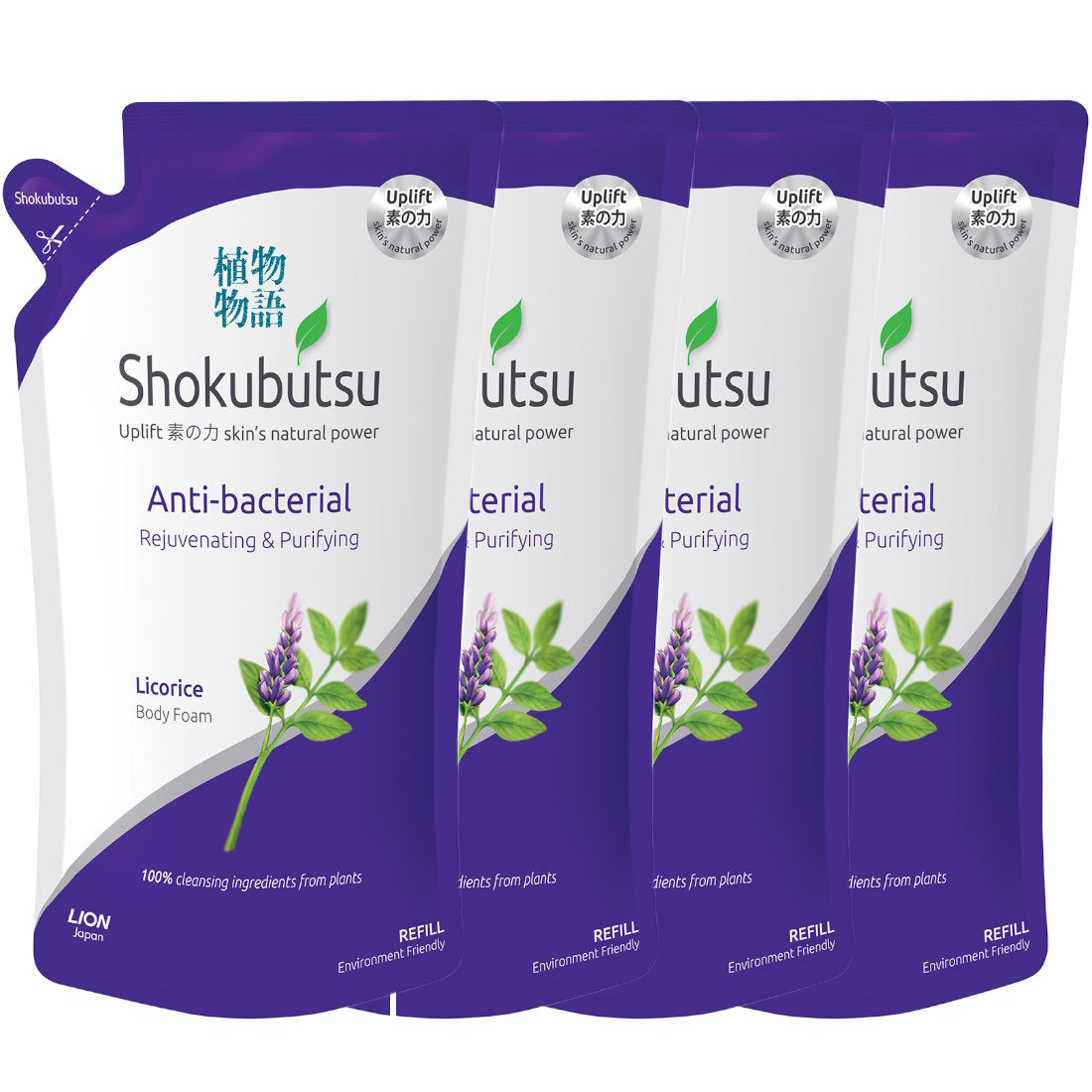 (BUNDLE OF 4)  SHOKUBUTSU ANTI-BACTERIAL BODY FOAM REFILL 600ML REJUVENATING & PURIFYING