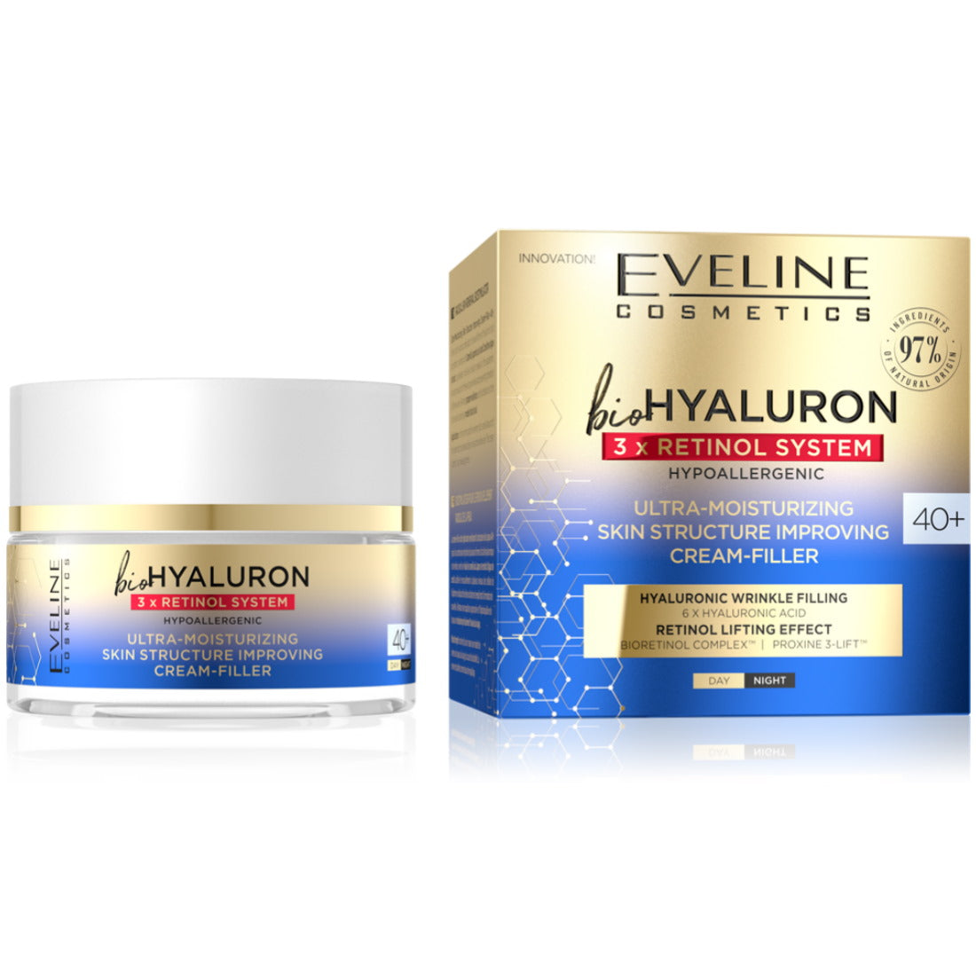 EVELINE BIOHYALURON 3X RETINOL SYSTEM ULTRA-MOISTURIZING CREAM-FILLER 40+ 50ML