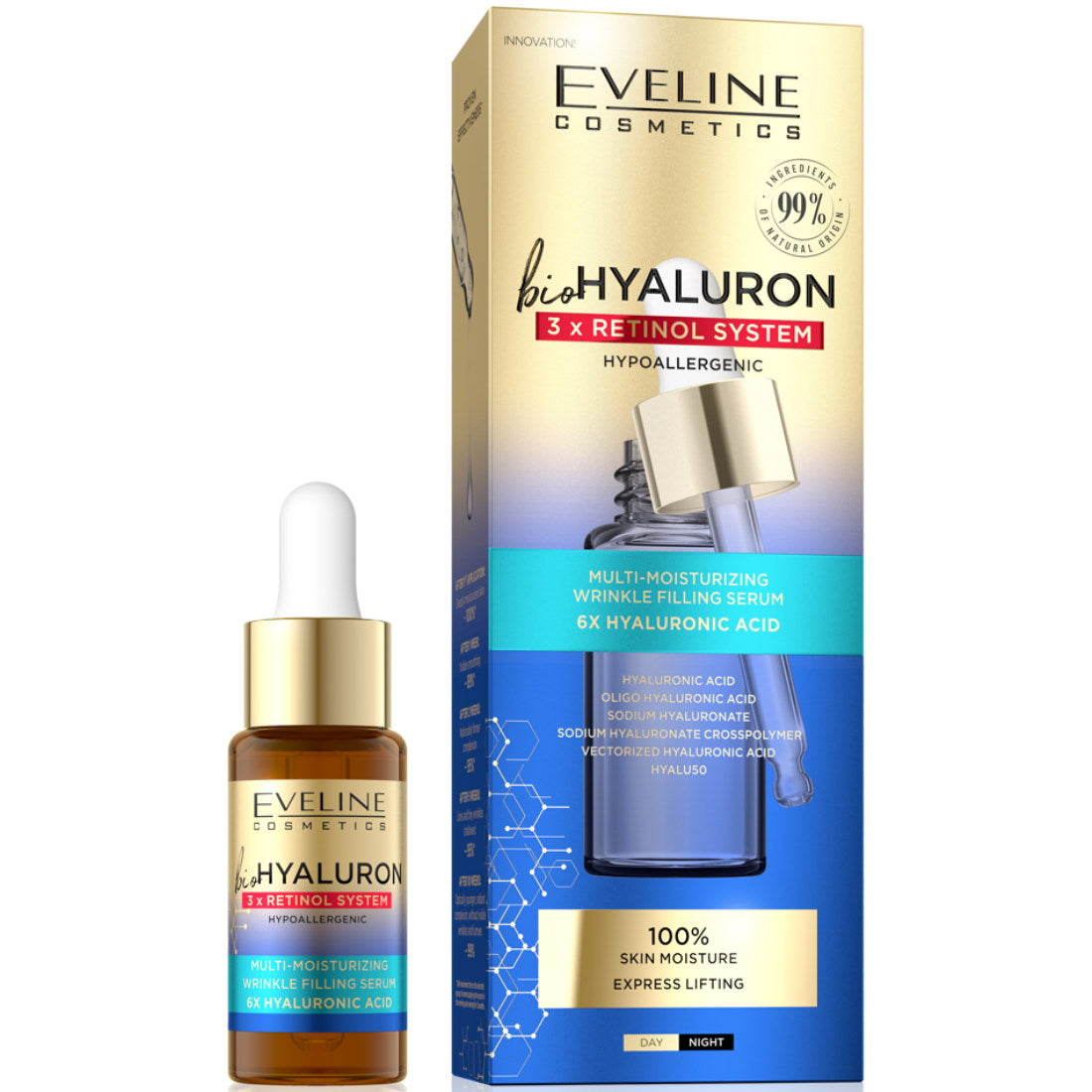 EVELINE BIOHYALURON 3X RETINOL SYSTEM MULTI-MOISTURIZING WRINKLE FILLING SERUM 18ML