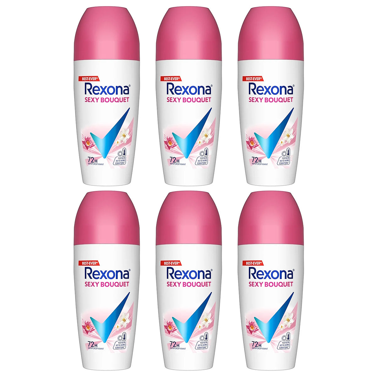 (BUNDLE OF 6) REXONA WOMEN DEODORANT ROLL ON SEXY BOUQUET 45ML (EXP: 10/2027)