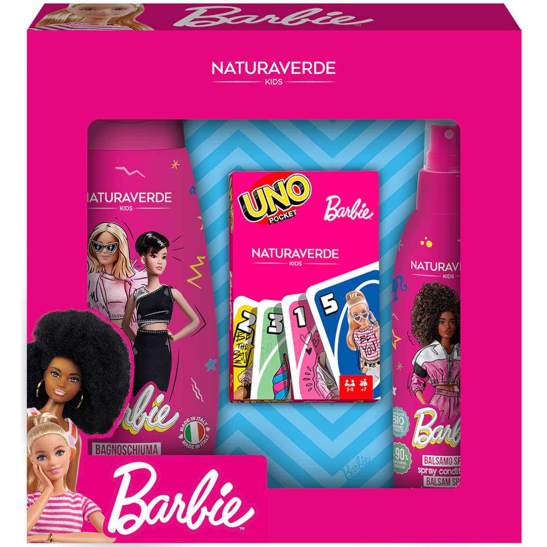 NATURAVERDE BARBIE BUBBLE BATH 300ML & SPRAY CONDITIONER 200ML + UNO PLAYING CARDS GIFT SET